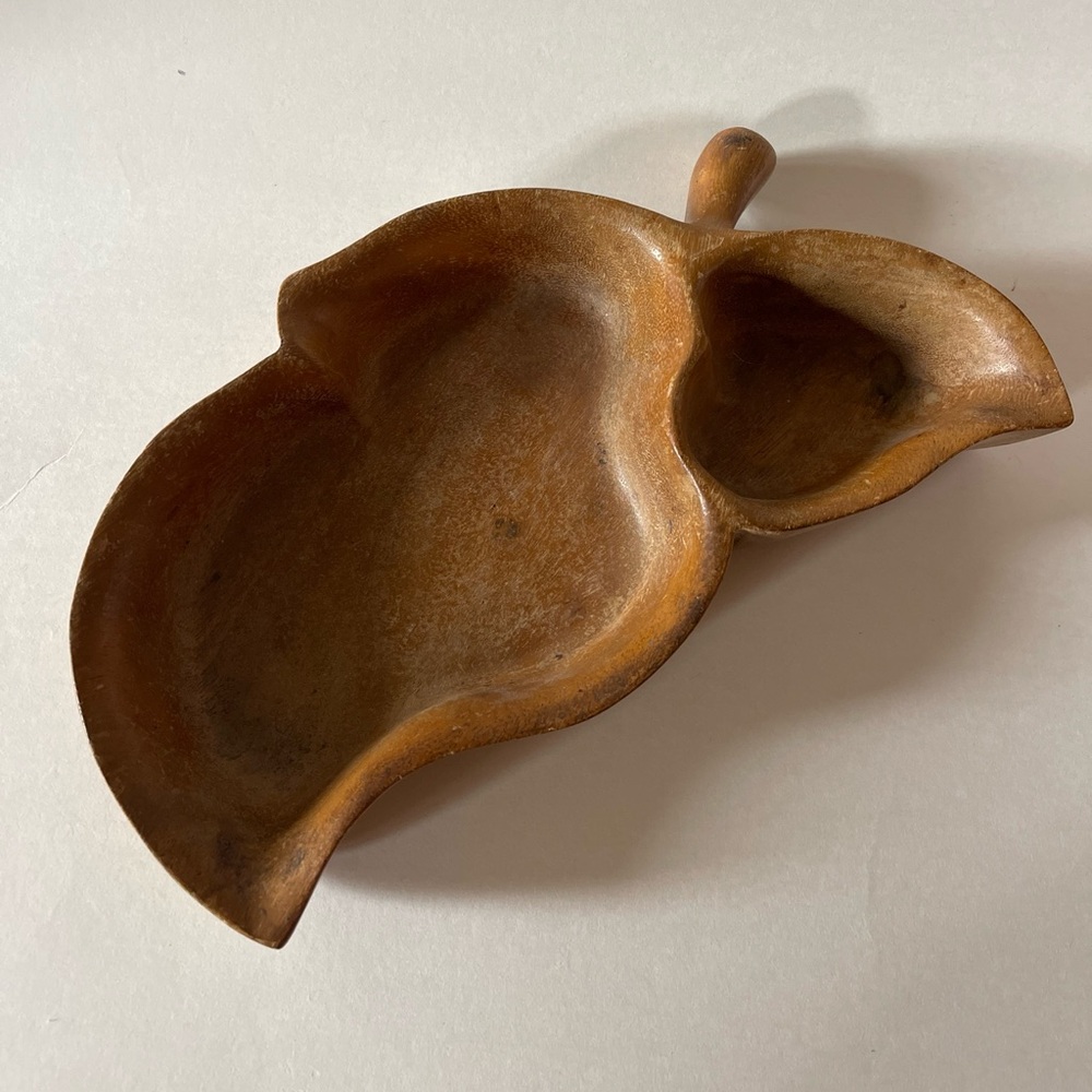 Monkey Pod Hawaiian Divided Wood Serving Dish Carved Bowl Leaf Shaped Snack 13”